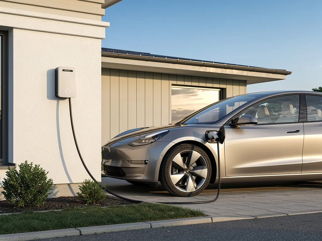 Voiture électrique en charge sur une borne fixée à la façade d'un pavillon