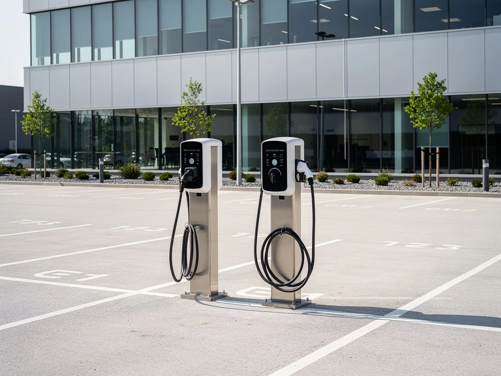 Deux bornes sur pied installées sur le parking d'une entreprise