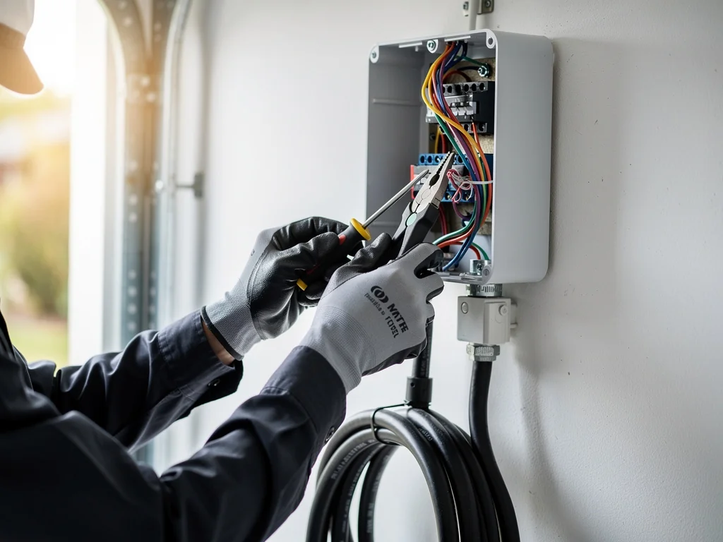 Électricien IRVE raccordant une borne de recharge murale