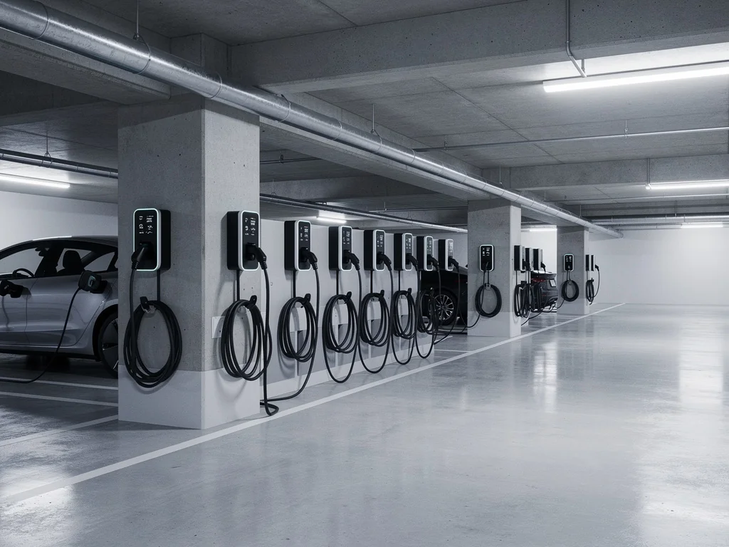 Bornes de recharge alignées dans le parking souterrain d'une copropriété
